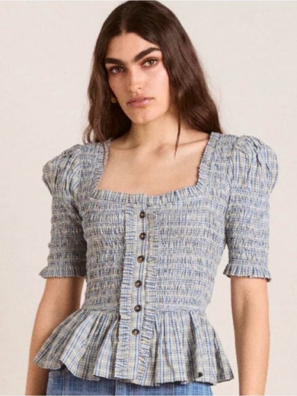 Damson Madder Mansi Shirred Top in Cloudy Check Size US 8